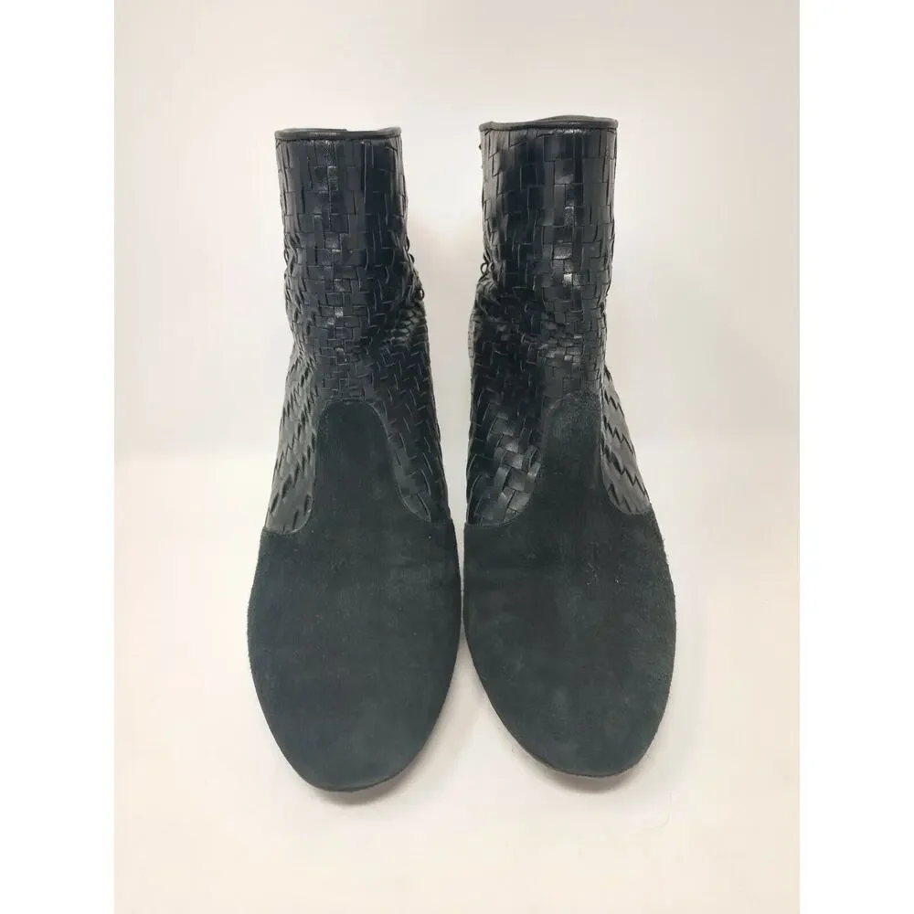 Cole Haan Women's Black Leather Suede Woven Ane Boots Booties Basket Weave 8.5 M
